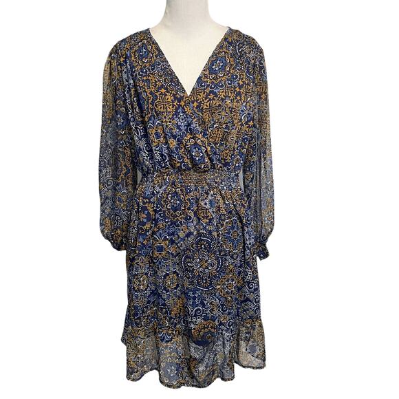 Indigo Rose Smocked Medallion Print Dress Womens Large Navy & Mustard Metallic - Picture 1 of 9
